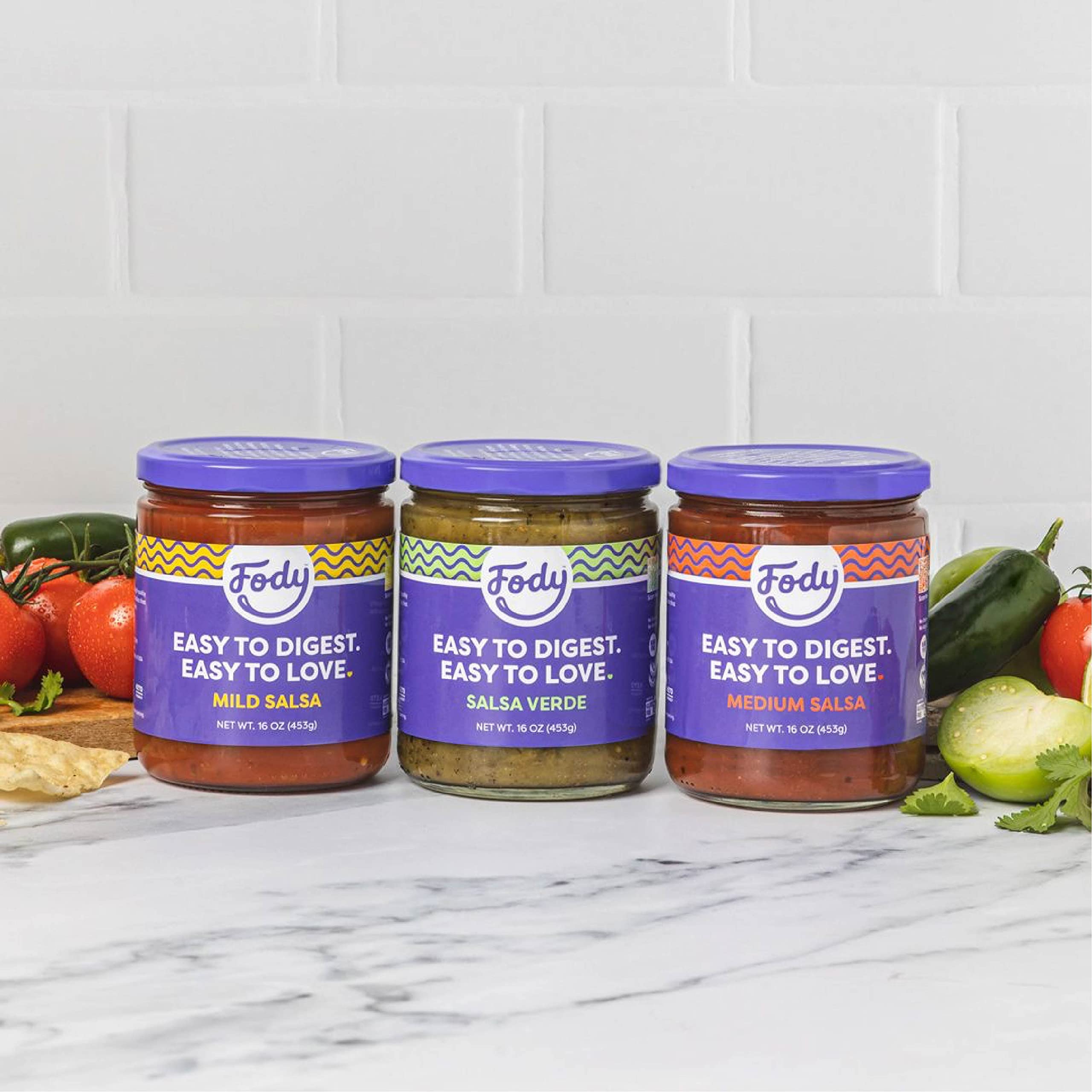 Fody Mild Salsa on a kitchen counter, ready to flavor daily meals.