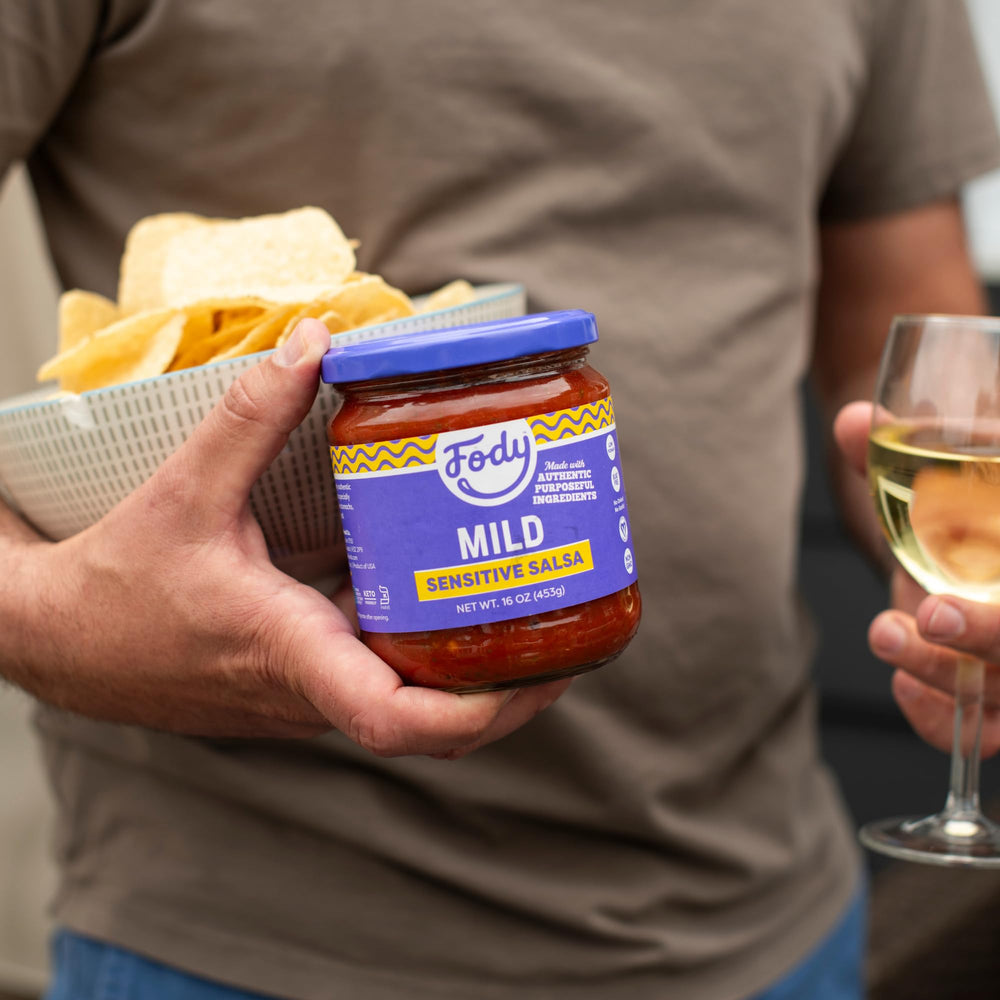 Fody Mild Salsa packaging on store shelf, easy pantry staple.