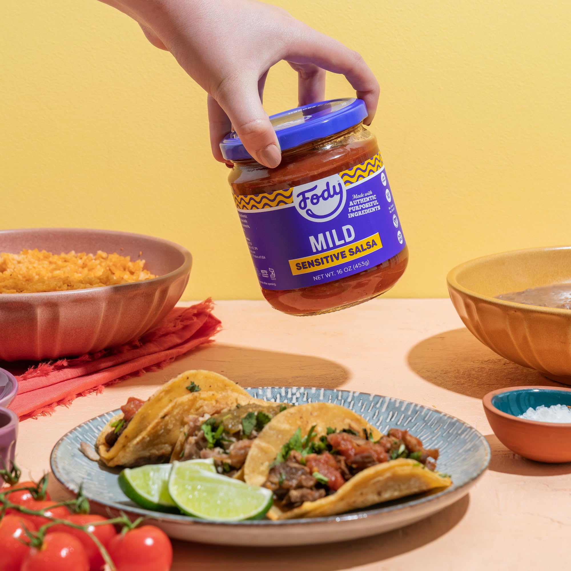 Fody Mild Salsa vegan icon on label signaling plant-based option.