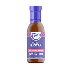 Fody No Soy Teriyaki bottle pour, IBS-friendly glaze ready for quick meals.
