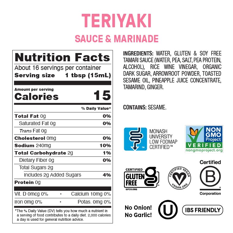 Fody No Soy Teriyaki ingredients closeup highlighting gluten-free tamari and ginger.