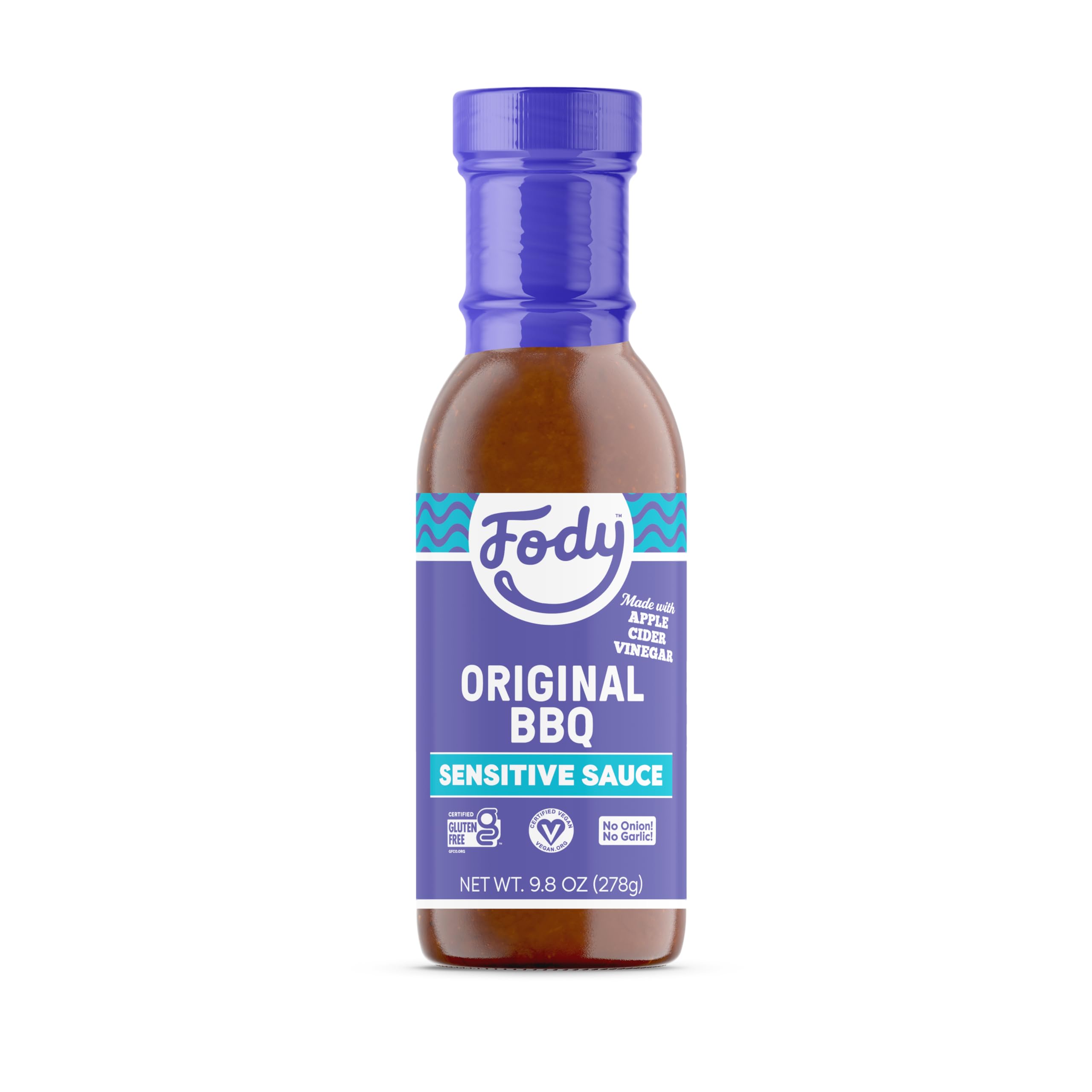 Fody Original BBQ Sauce bottle front view showing garlic- and onion-free flavor for gut comfort