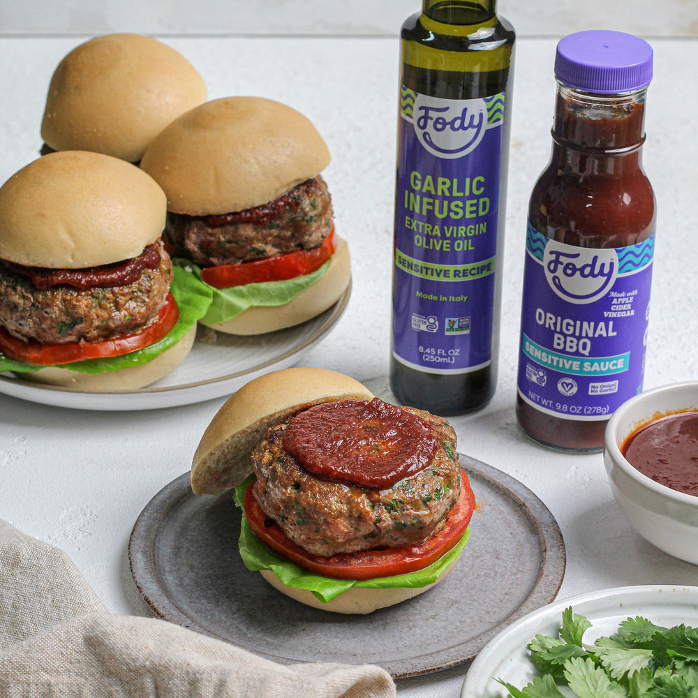 Fody Original BBQ Sauce paired with a plate, illustrating everyday IBS-friendly meal idea