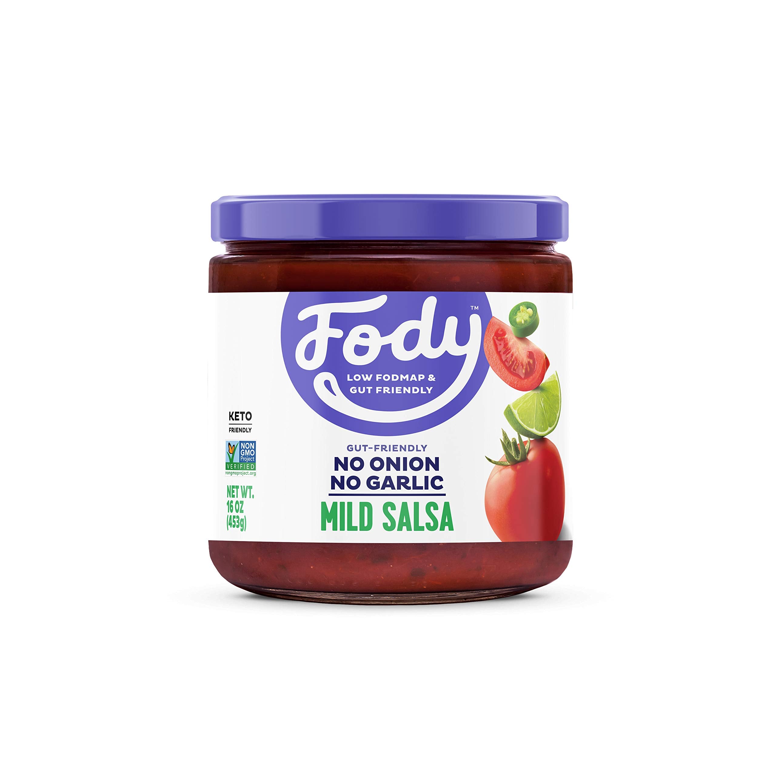 Fody Let's Dance Mild salsa jar with low FODMAP ingredients for quick dips.
