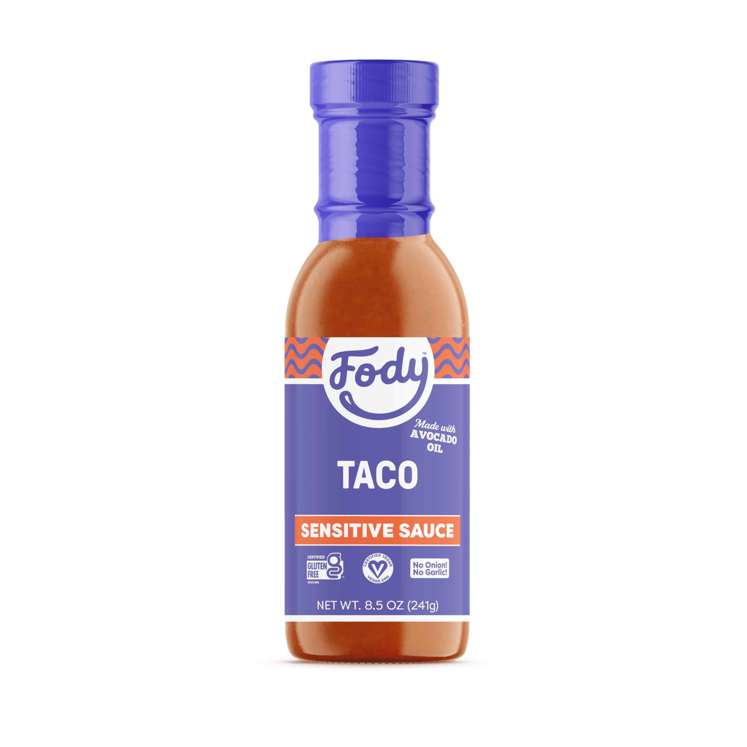 Fody Taco Sauce bottle, 8.5 oz, onion- and garlic-free for tacos.