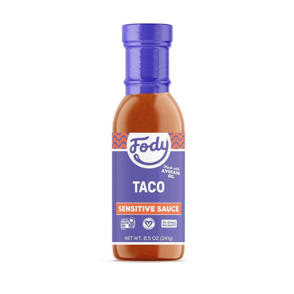 Fody Taco Sauce bottle, 8.5 oz, onion- and garlic-free for tacos.