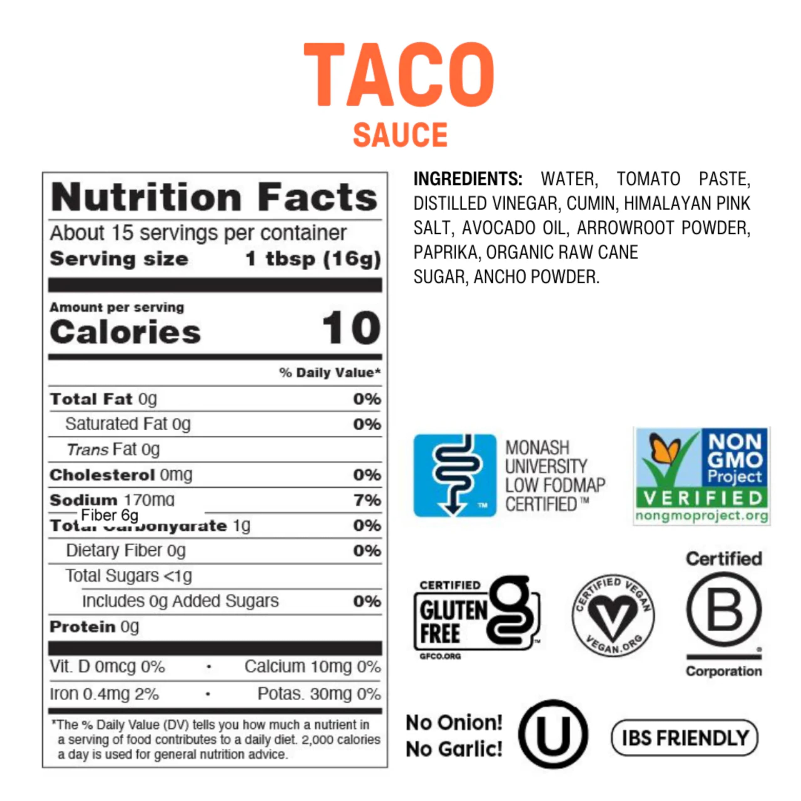Fody Taco Sauce jar, onion- and garlic-free, ideal for IBS-friendly meals.