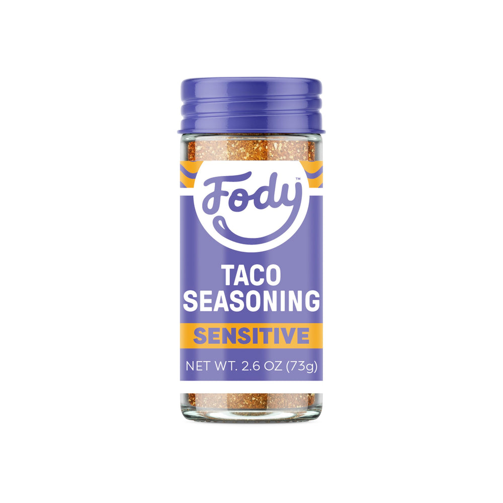 Fody taco seasoning bottle front shows low FODMAP, gut-friendly flavor for Tacos