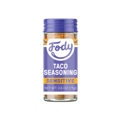 Fody taco seasoning bottle front shows low FODMAP, gut-friendly flavor for Tacos