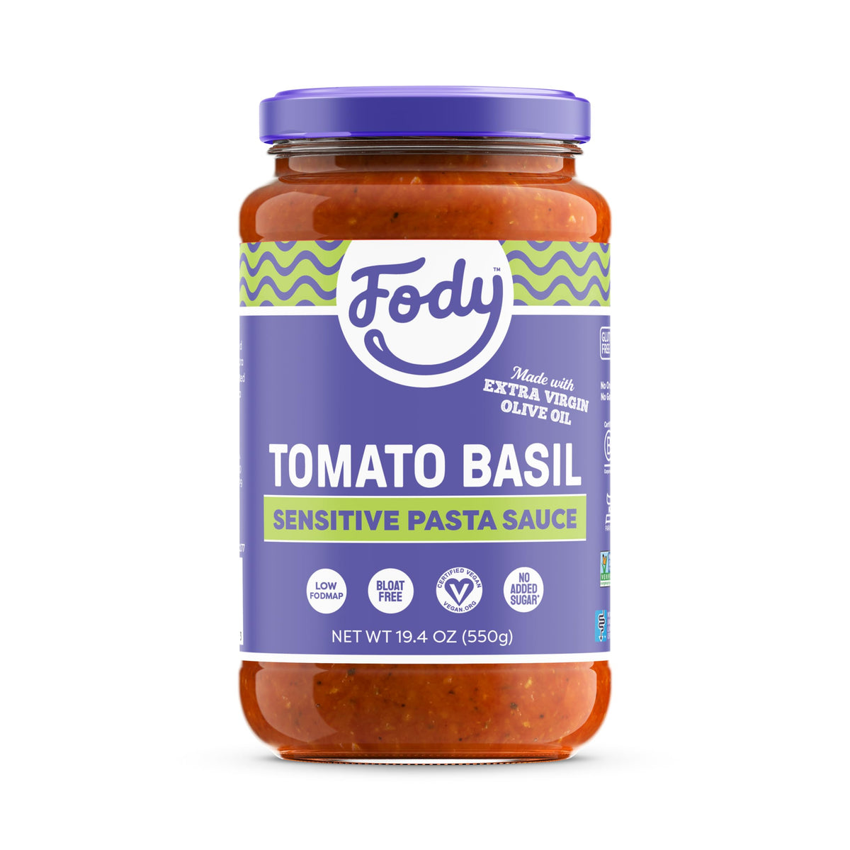 Fody Tomato Basil Pasta Sauce jar front with gluten-free and vegan badge