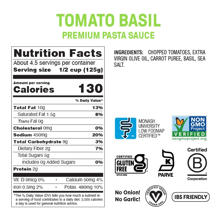Fody Tomato Basil Pasta Sauce label close-up showing onion-free and garlic-free