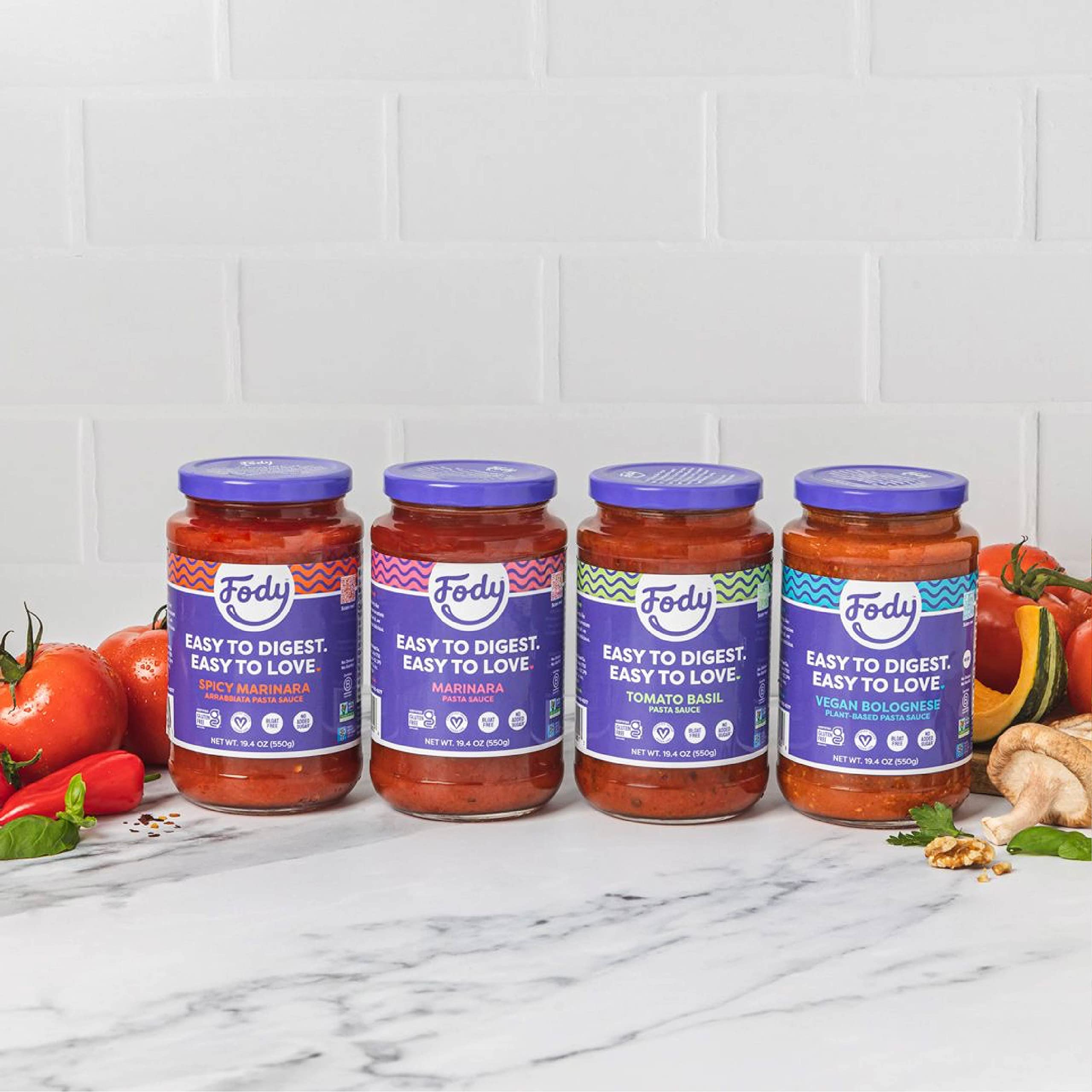 Fody Tomato Basil Pasta Sauce vegan and non-GMO badge on packaging