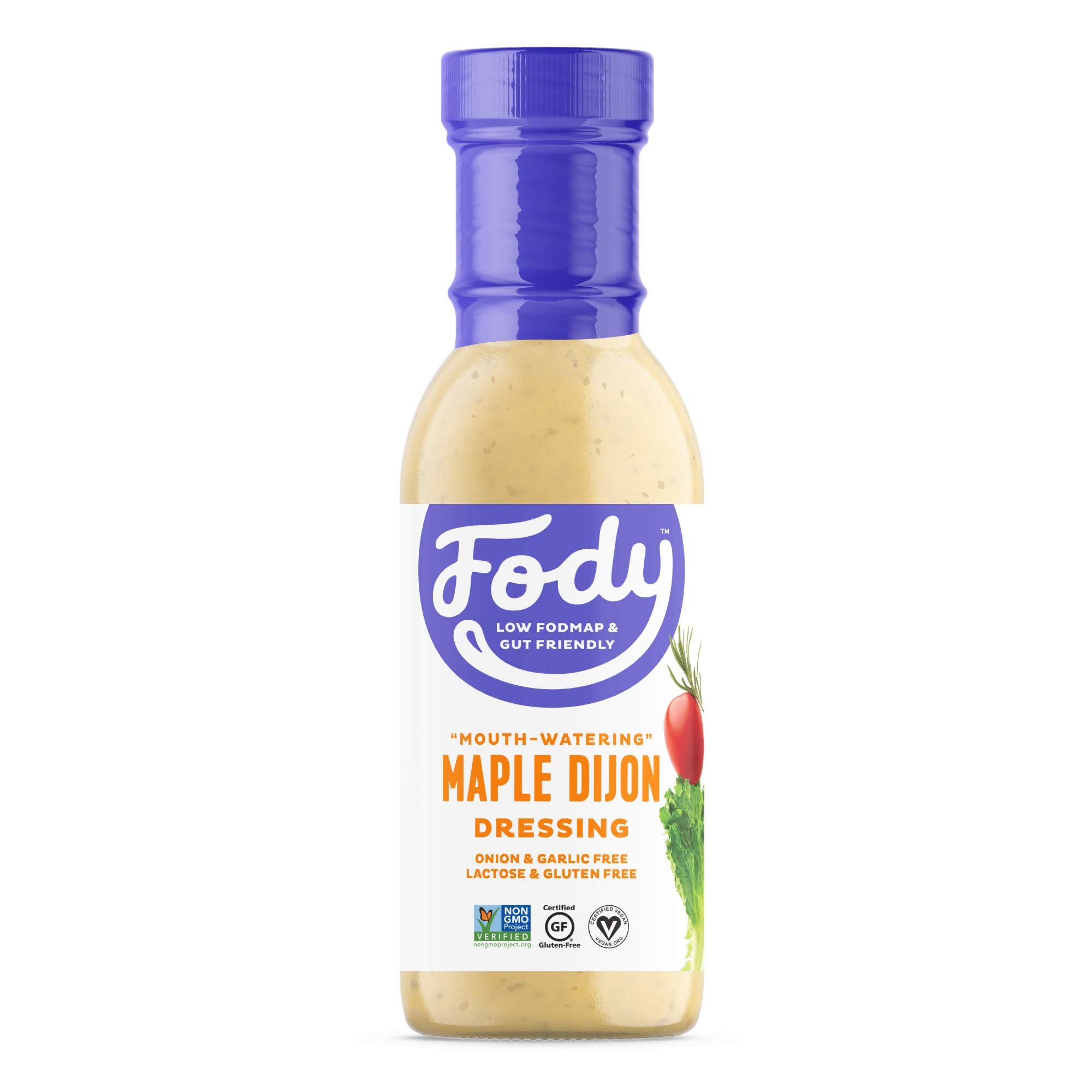 Fody vegan maple Dijon dressing bottle pour, perfect for gluten-free salads