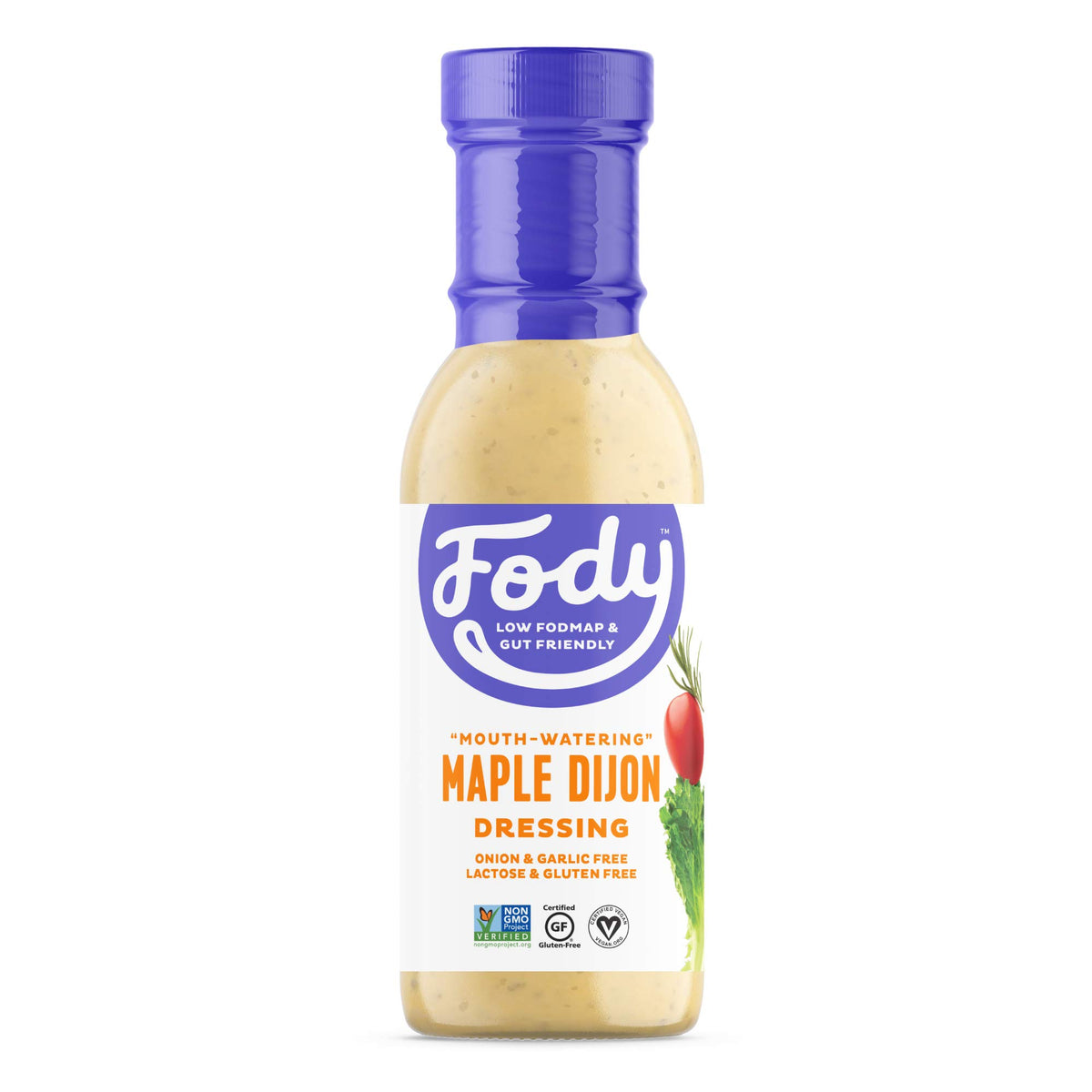 Fody vegan maple Dijon dressing bottle pour, perfect for gluten-free salads