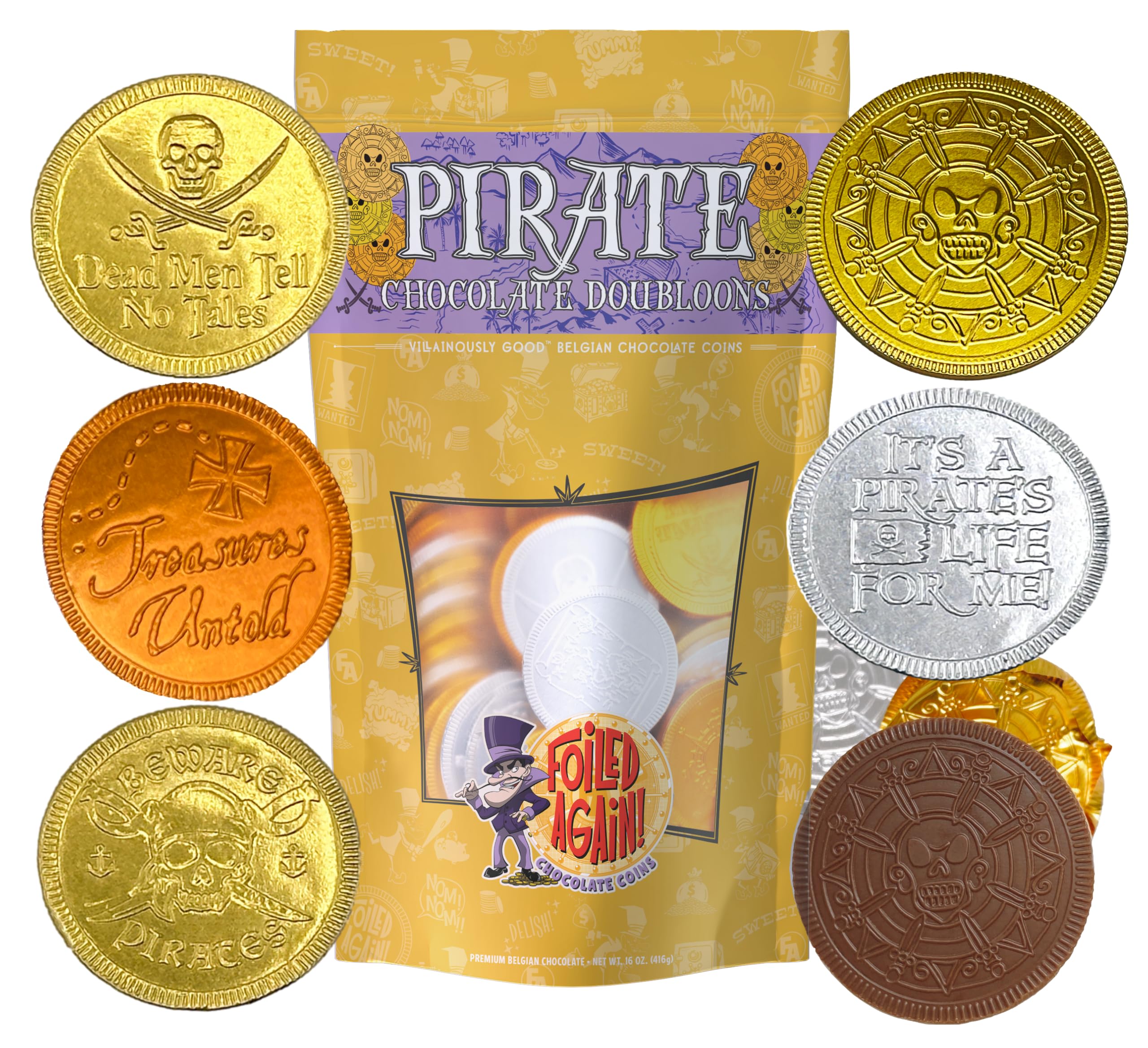 Foiled Again pirate coins 80 doubloons close-up, ideal party favors.