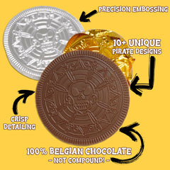 Foiled Again embossed pirate designs on chocolate for party favors.