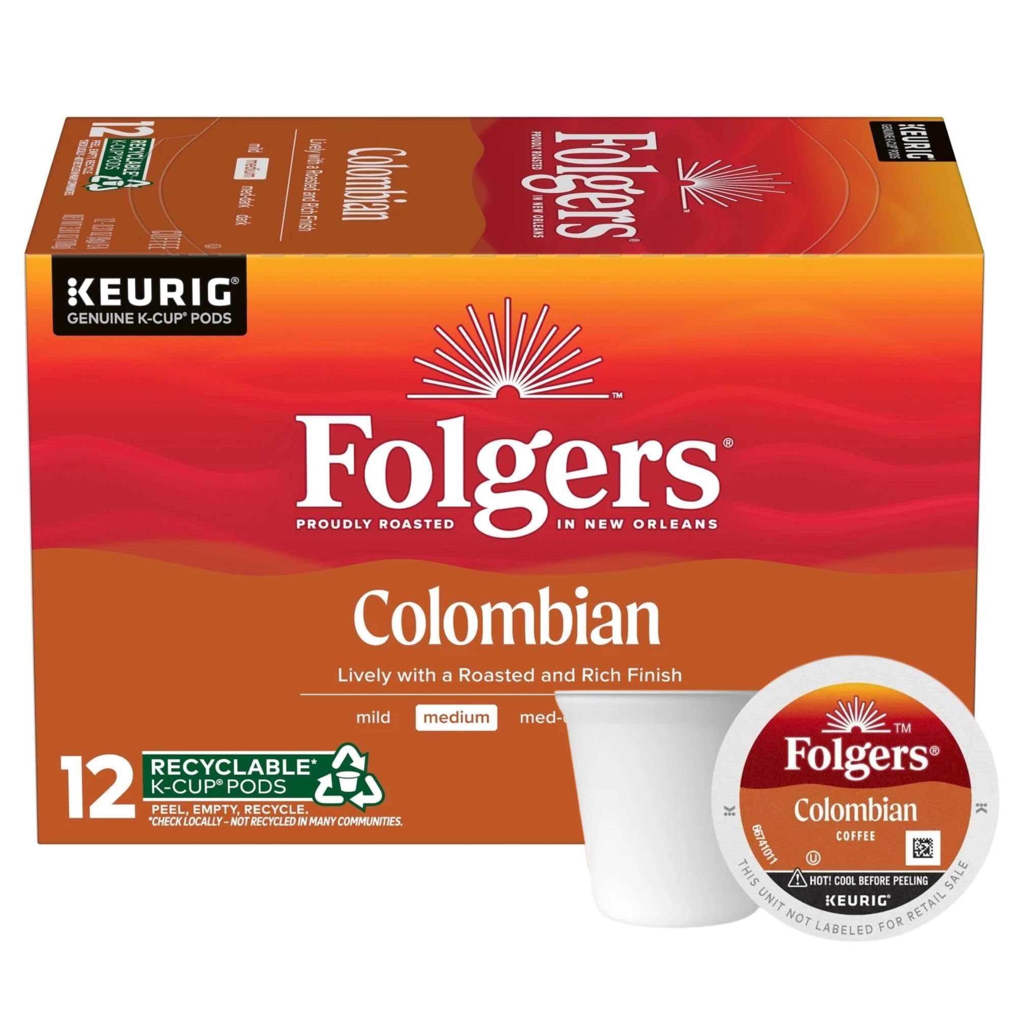 Folgers 100% Colombian coffee K-Cup for Keurig, convenient single-serve for quick mornings.