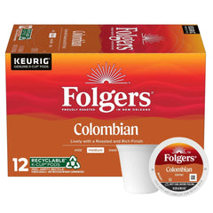 Folgers 100% Colombian coffee K-Cup for Keurig, convenient single-serve for quick mornings.