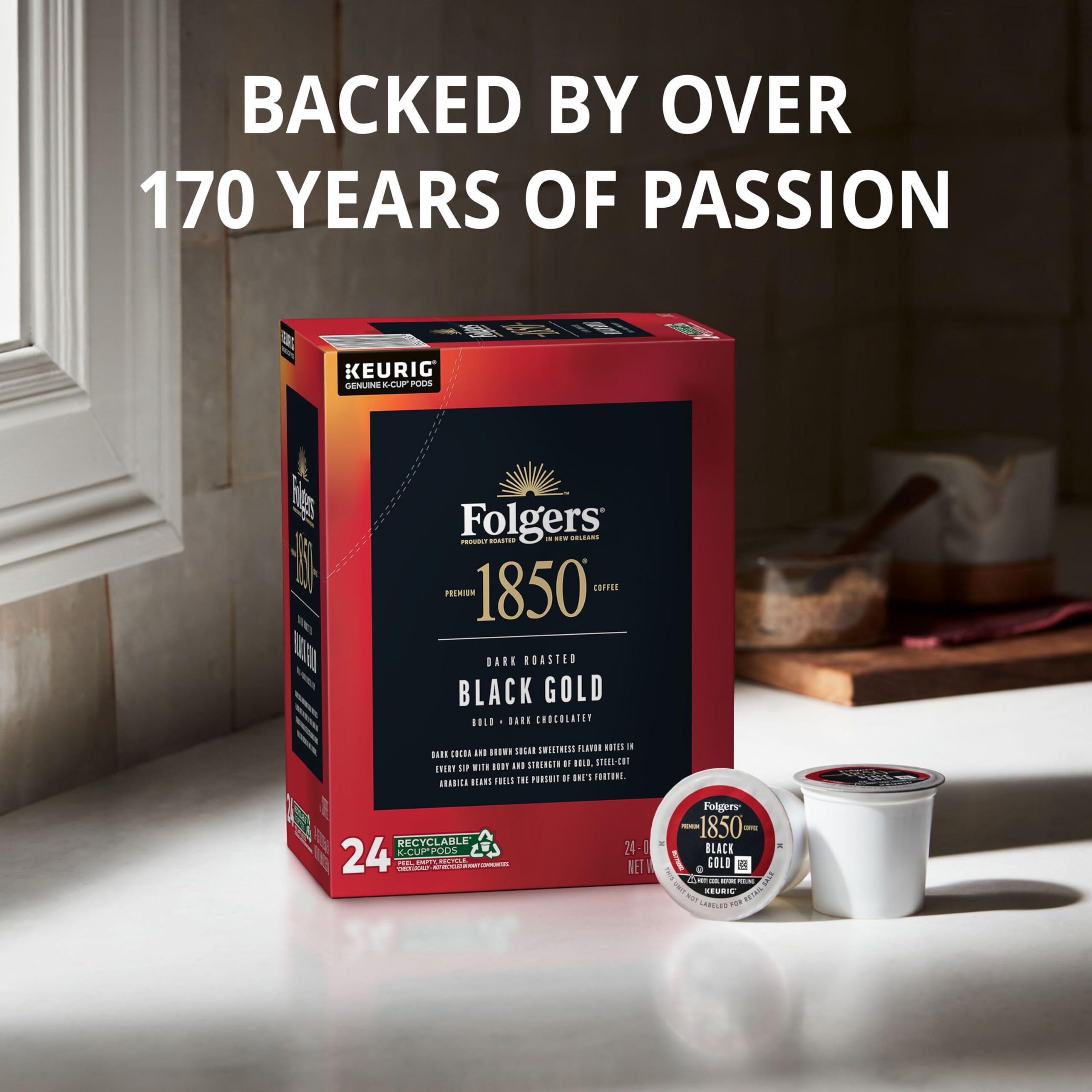 Steaming Folgers 1850 Black Gold cup ready for a new day