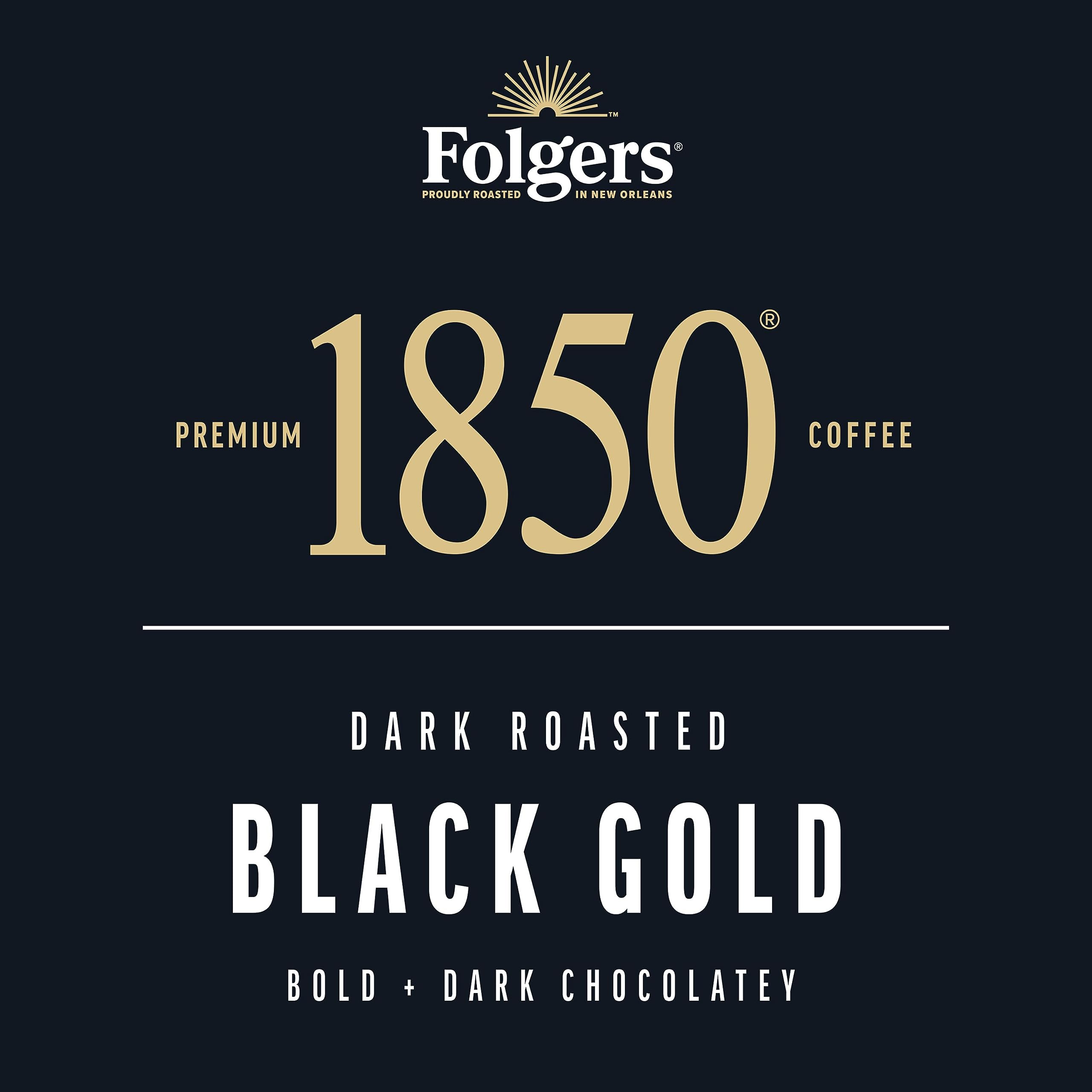 Folgers 1850 Black Gold fire-roasted process highlights depth.