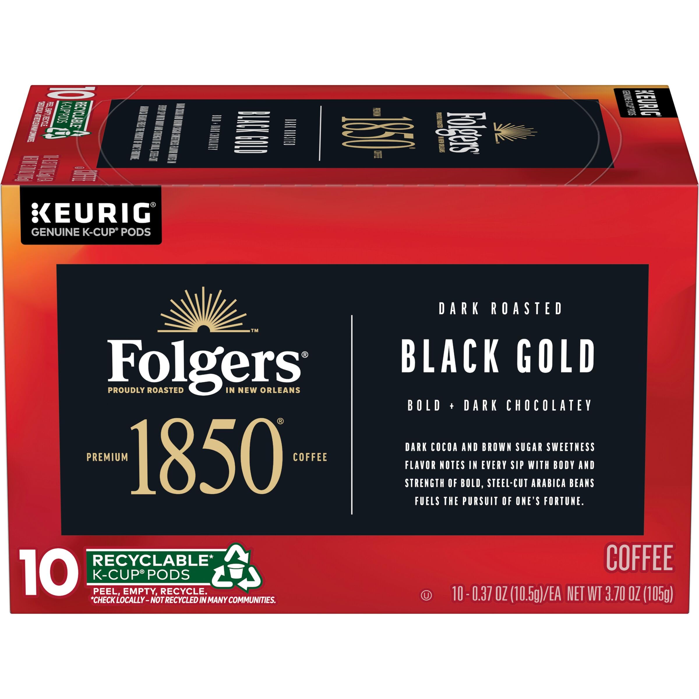 Folgers 1850 Black Gold pod ready for Keurig brewing smooth, bold flavor.