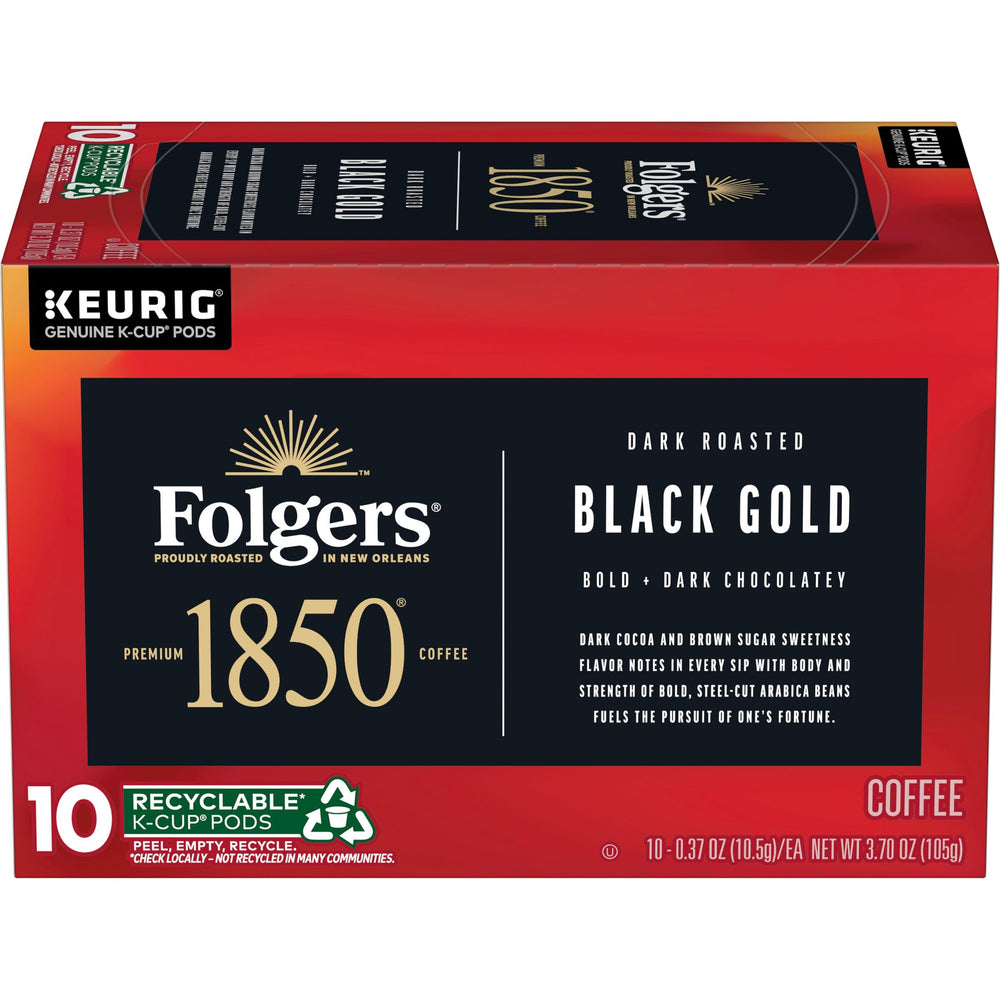 Folgers 1850 Black Gold pod ready for Keurig brewing smooth, bold flavor.