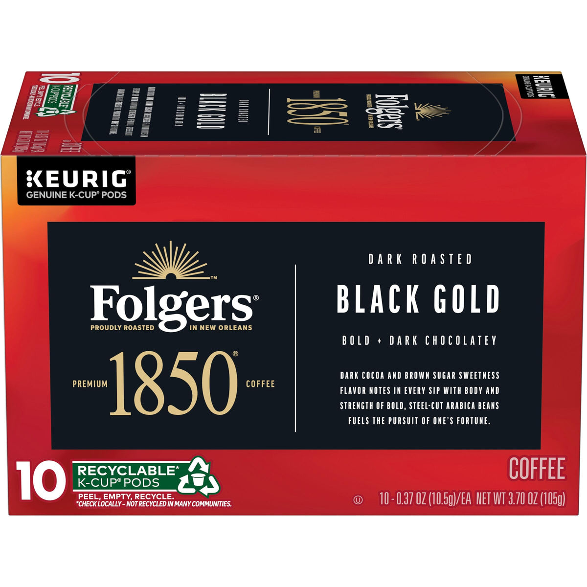 Folgers 1850 Black Gold pod ready for Keurig brewing smooth, bold flavor.