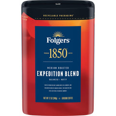 Folgers 1850 Expedition Blend canister packaging highlighting recyclable paper-based design