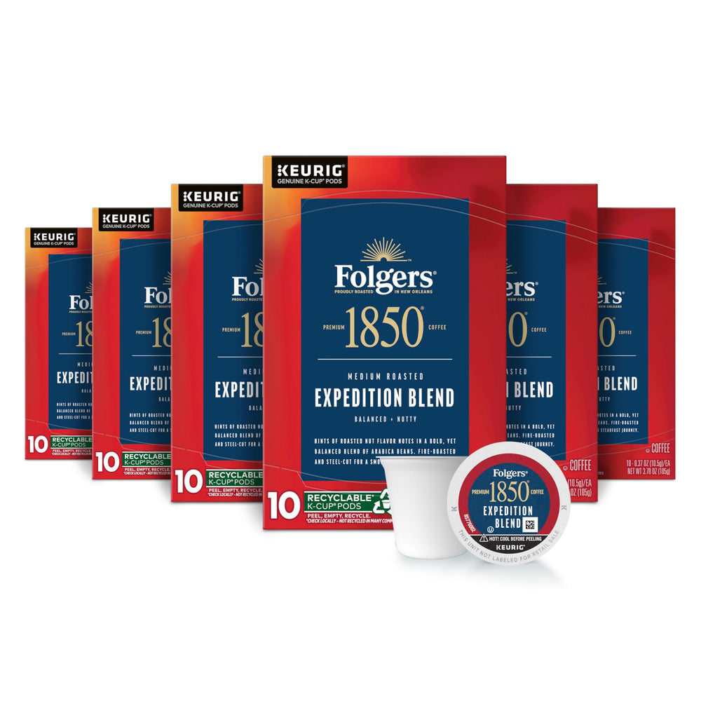 Folgers 1850 Expedition Blend hero box with six boxes of pods for quick mornings.
