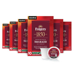 Folgers 1850 Trailblazer pod-box display showing six 10-count sleeves for easy brewing.