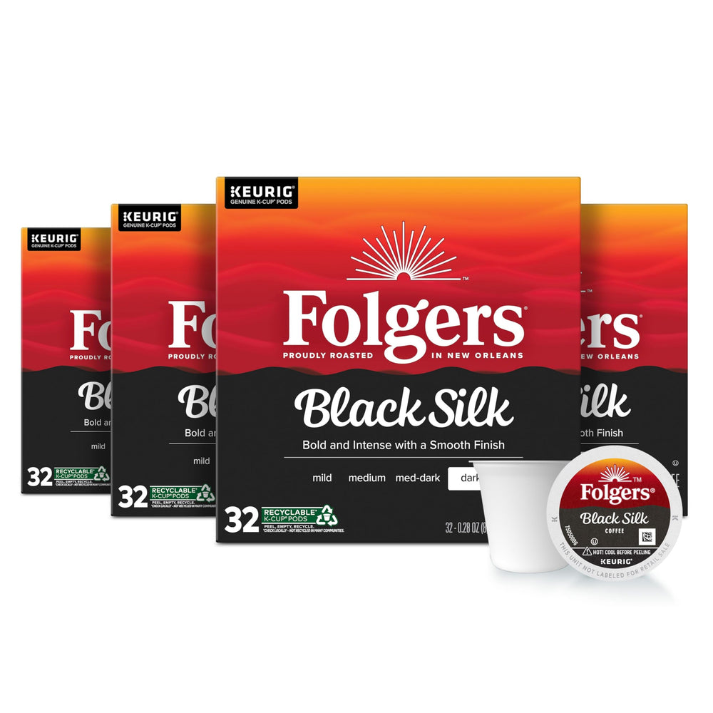 Folgers Black Silk box front for a quick, smooth morning coffee