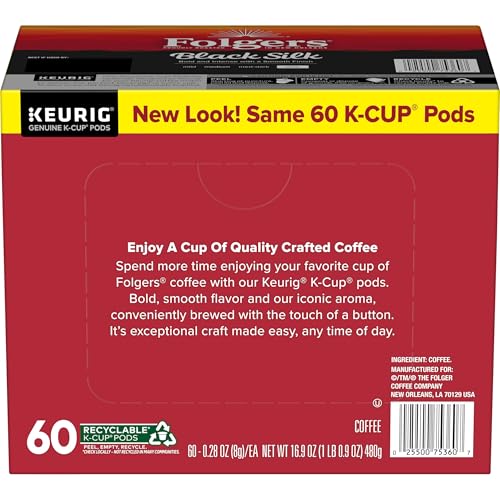Close-up of Folgers Black Silk dark roast K-Cup in a cup.