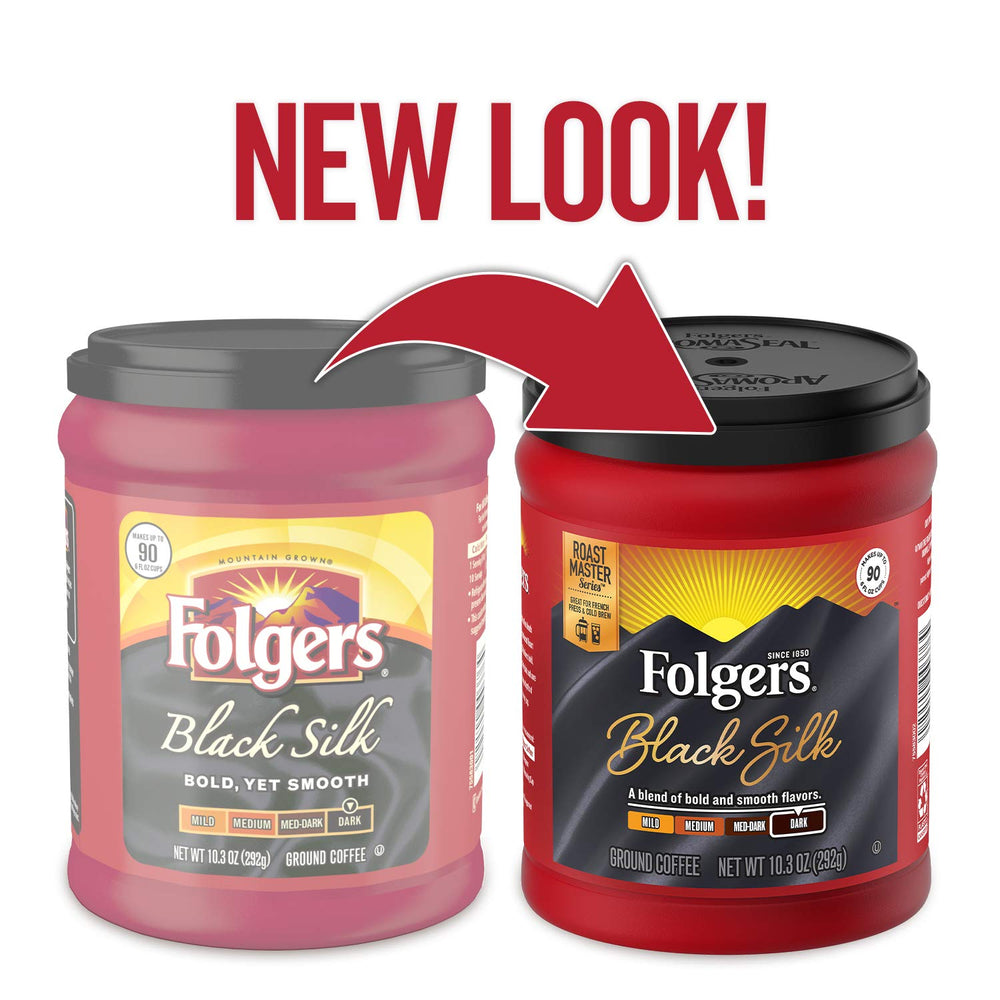 Folgers Black Silk dark roast in glass jar, rich color and aroma