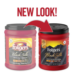 Folgers Black Silk dark roast in glass jar, rich color and aroma