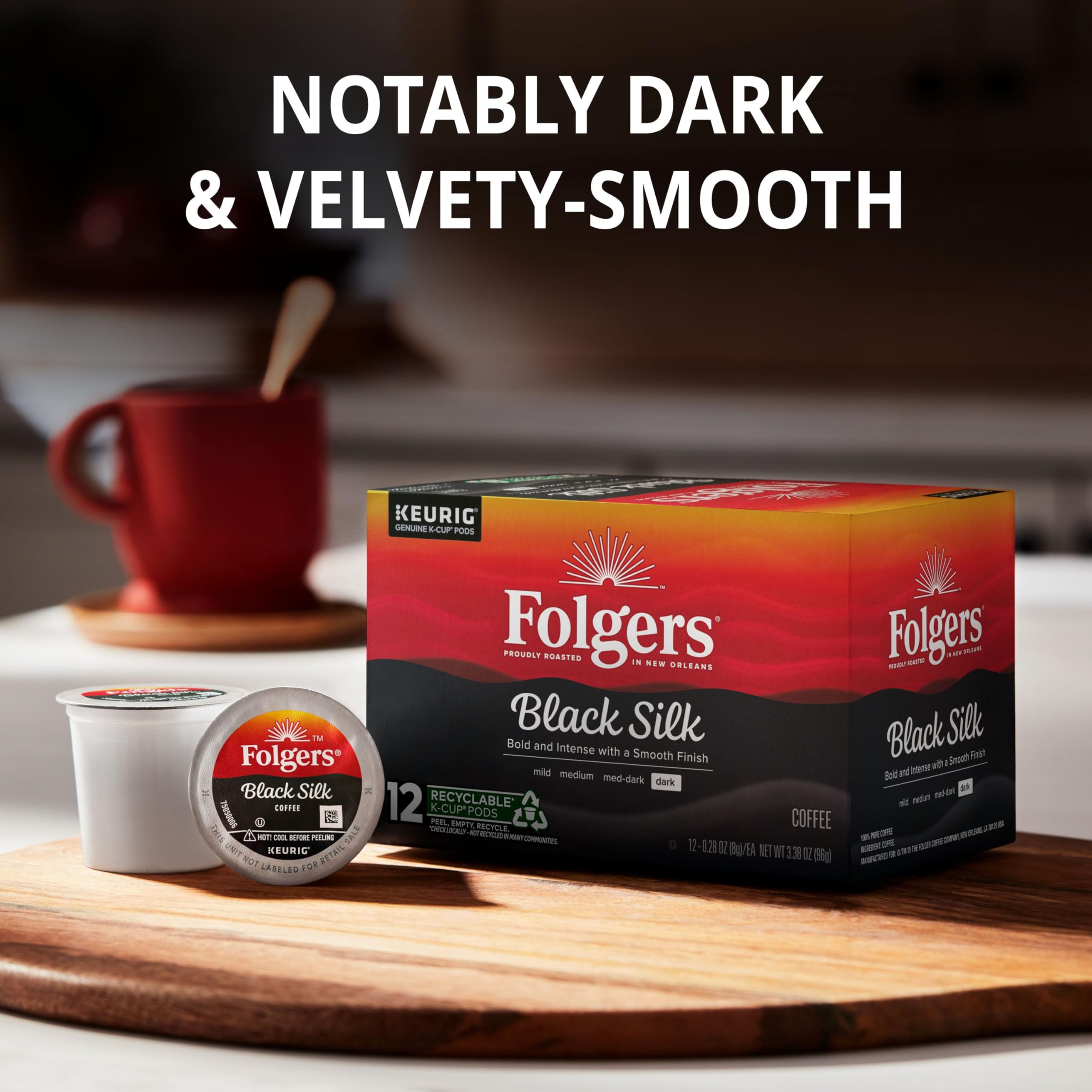 Folgers Black Silk deep color in cup after brewing