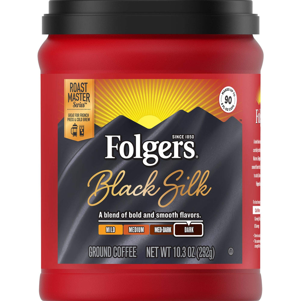 Folgers Black Silk ground coffee canister front view showing aroma-preserving container