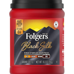 Folgers Black Silk ground coffee canister front view showing aroma-preserving container
