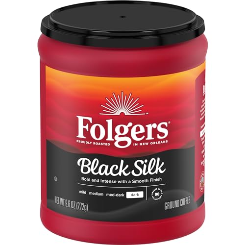 Ground coffee pours into a French press, showing versatile brewing with Folgers Black Silk.