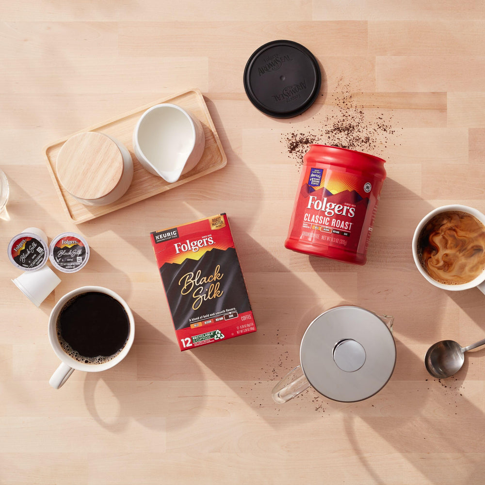 Folgers Black Silk K-Cup Pod in Keurig brewer for fast brew.
