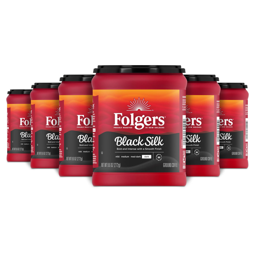 Folgers Black Silk six-pack canisters on display offer long-lasting aroma for daily mornings.