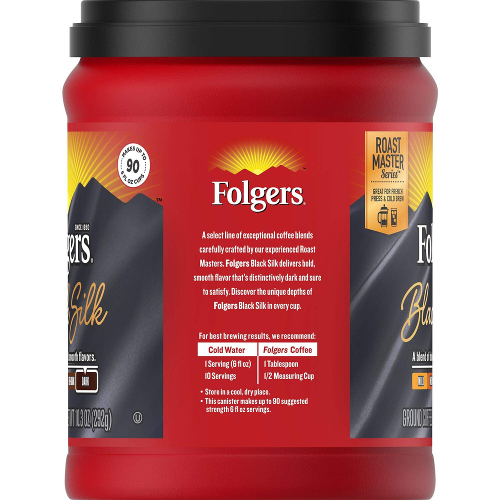 Folgers Black Silk steaming cup close-up, bold smooth tasting notes