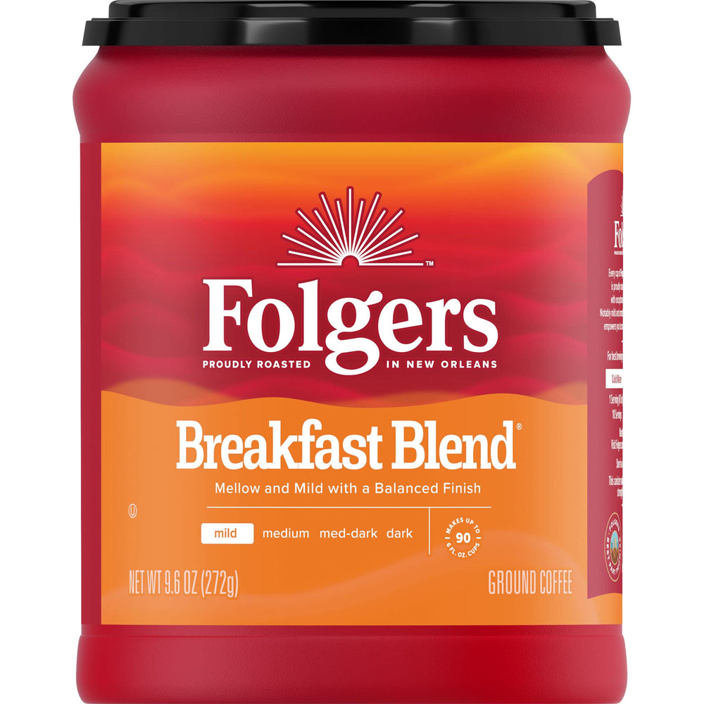 Folgers Breakfast Blend ground coffee canister delivers smooth mornings.