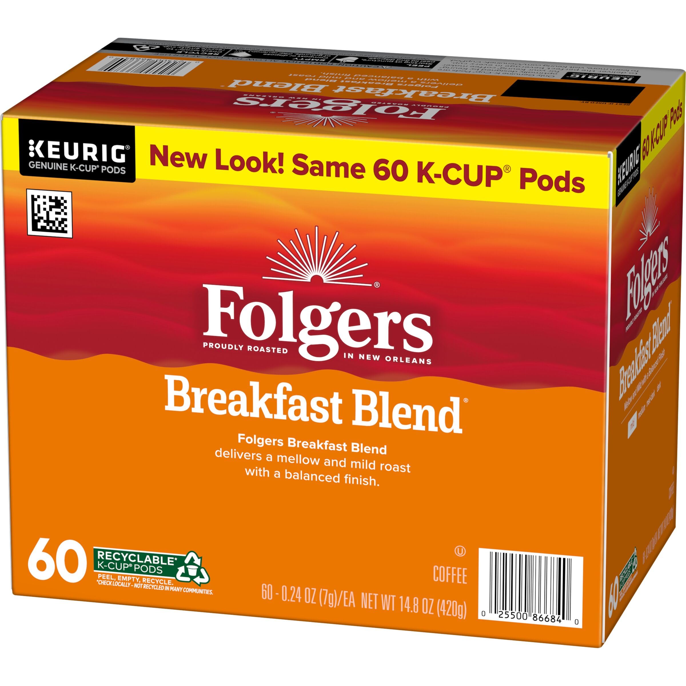 Folgers Breakfast Blend Keurig brewing scene shows simple one-button convenience.