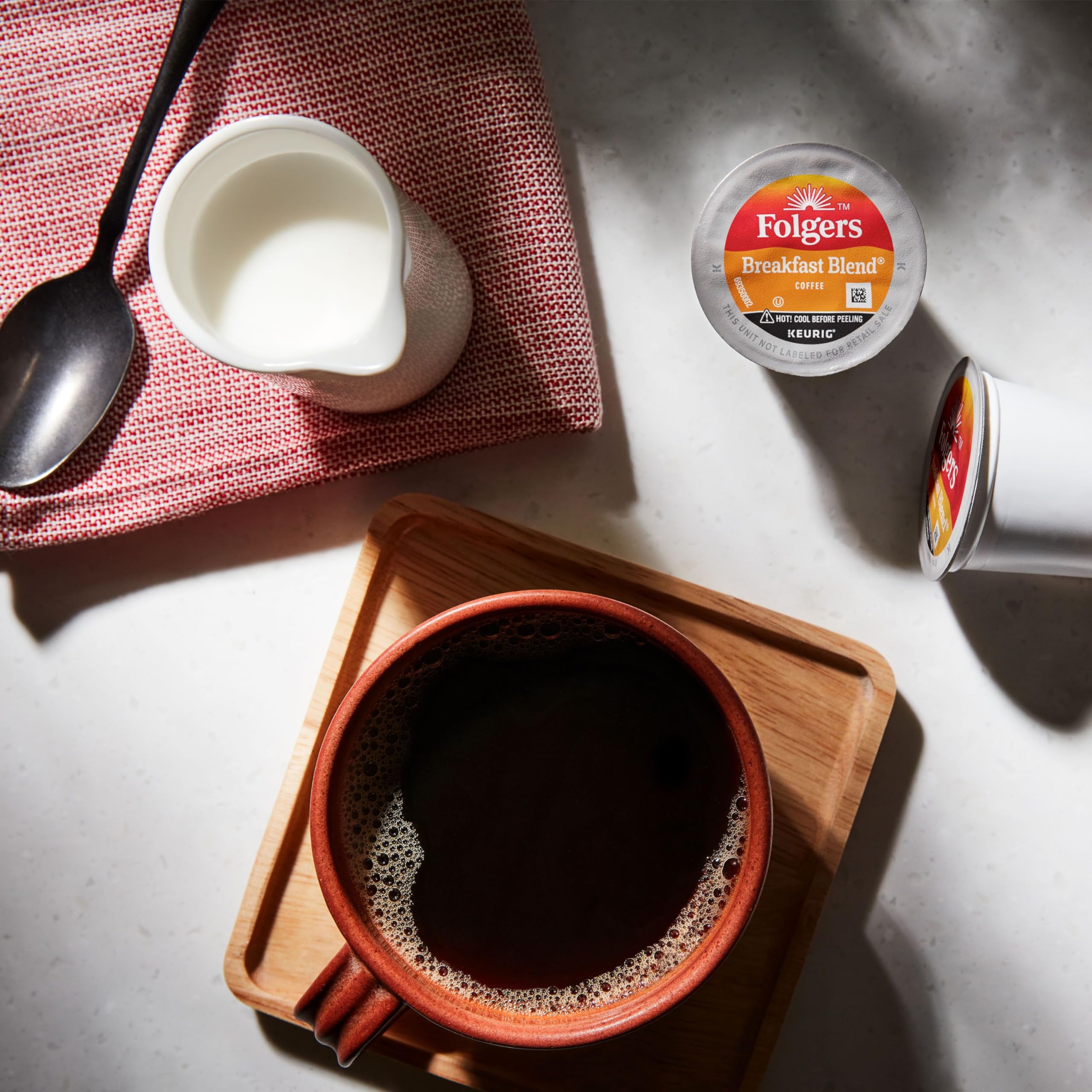 Steaming Folgers Breakfast Blend cup, inviting aroma