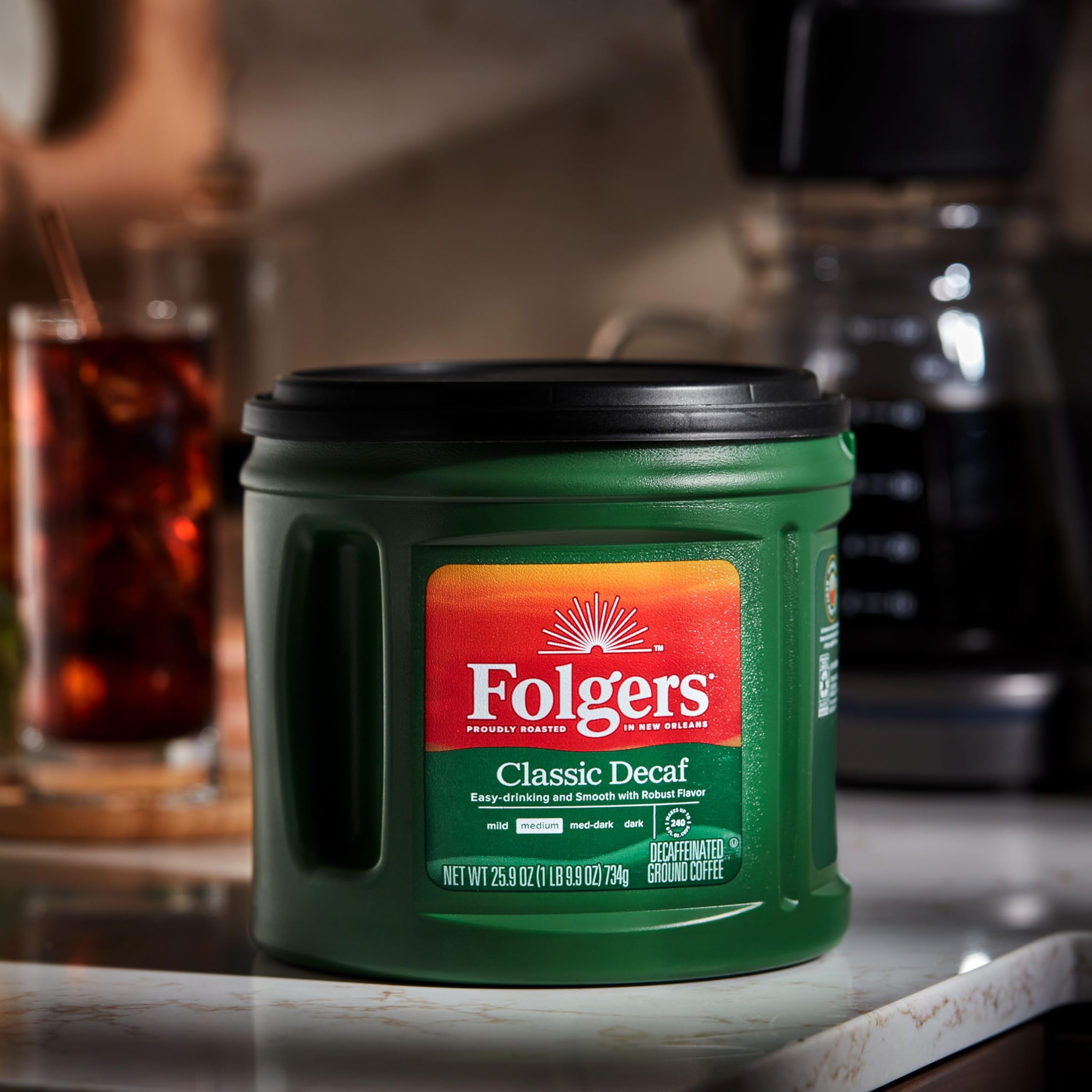 Folgers brewed coffee pour into mug demonstrates easy preparation for a quick morning ritual.