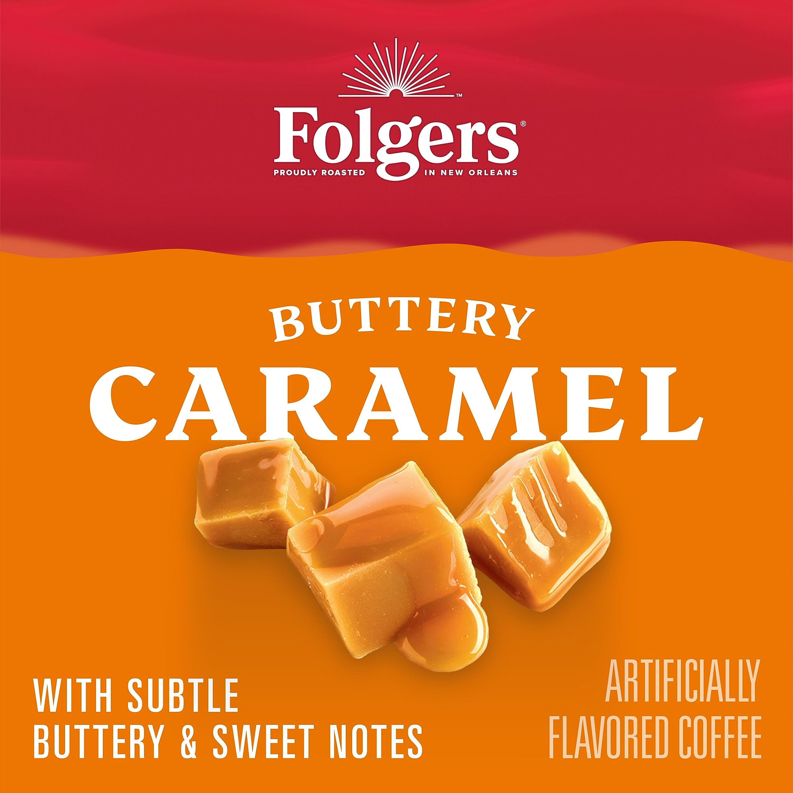 Folgers Buttery Caramel with a creamy finish perfect for at-home café style