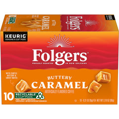 Folgers Buttery Caramel K-Cup pods in a box for quick mornings