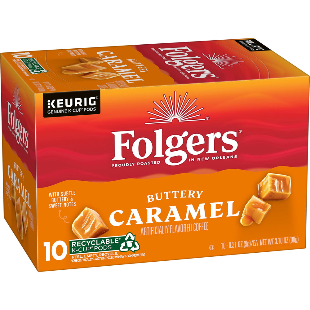 Folgers Buttery Caramel pods packaging close-up highlights convenience.