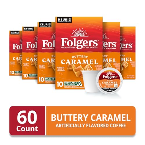 Folgers Buttery Caramel K-Cups arranged on counter for quick mornings.