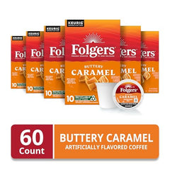 Folgers Buttery Caramel K-Cups arranged on counter for quick mornings.